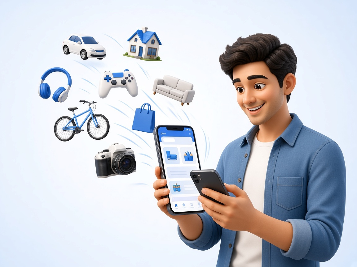 Seller using the Olwyz app with 3D marketplace categories emerging from the phone