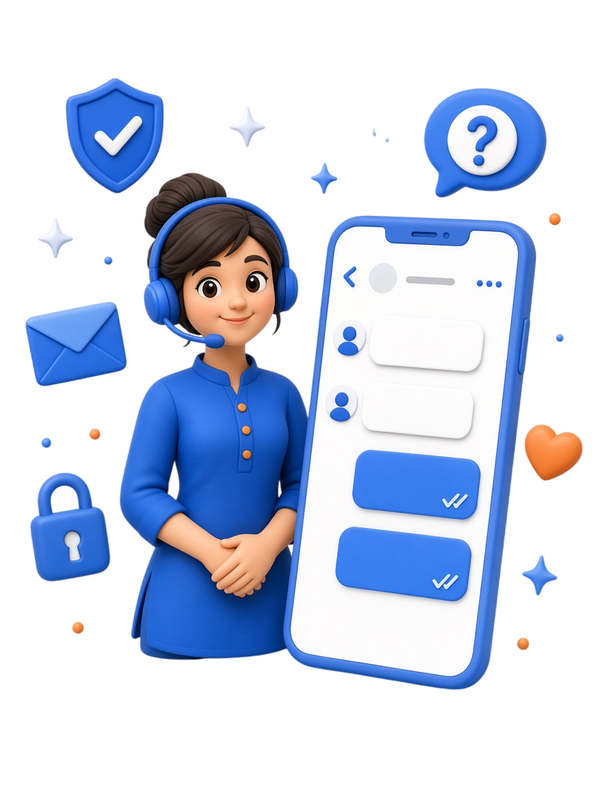 Customer support representative beside a phone with chat messages